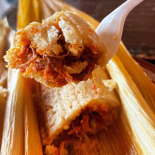 A white plastic fork holds a bite of a La Chancla Mexican Grill tamale, revealing its savory filling.