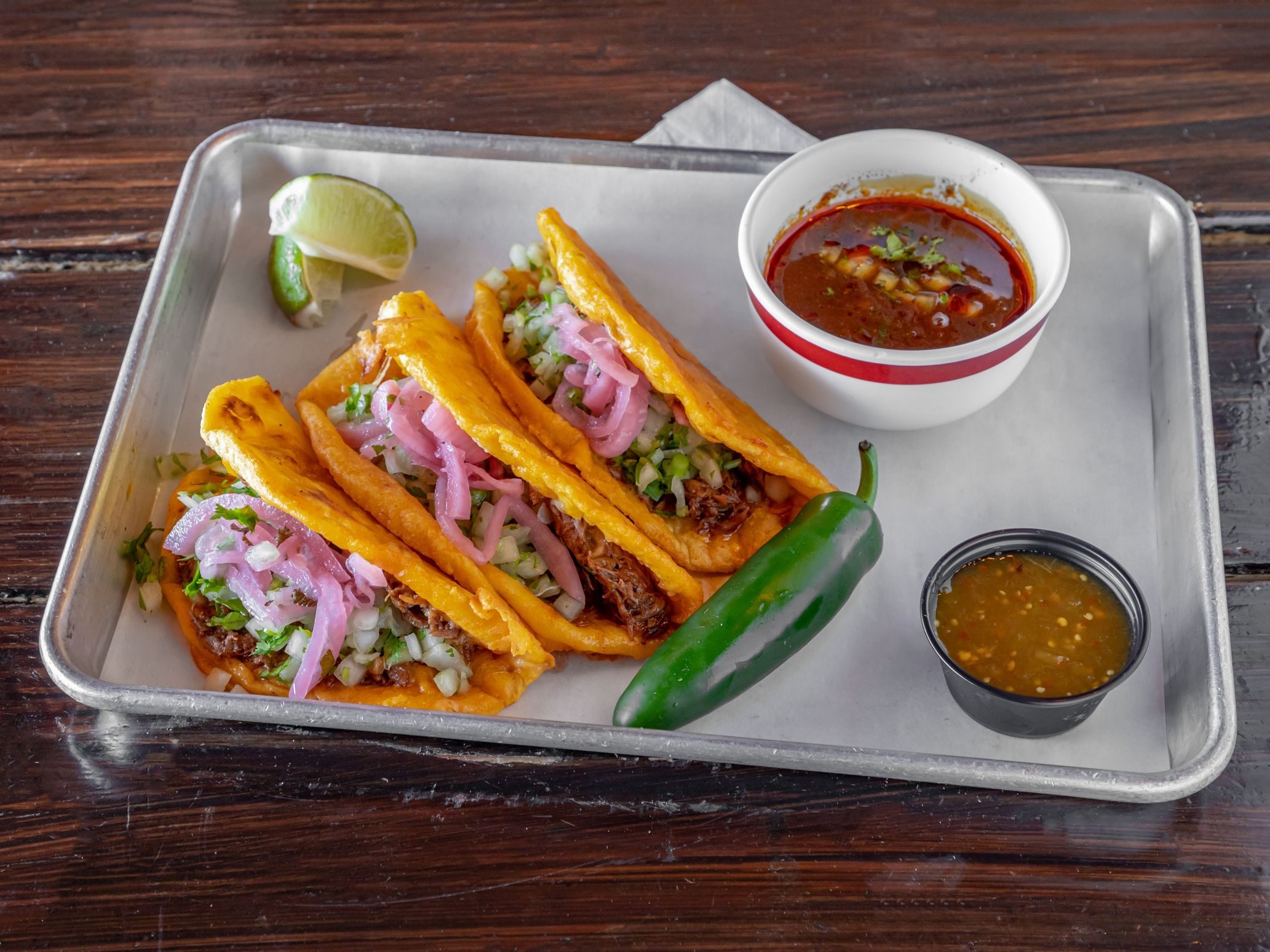 3 Queso Birria Tacos with Consome.