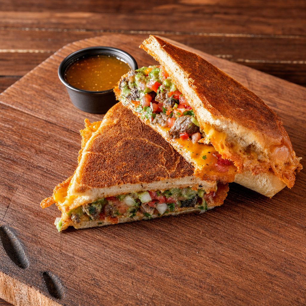 Queso Torta Birria with Consome.